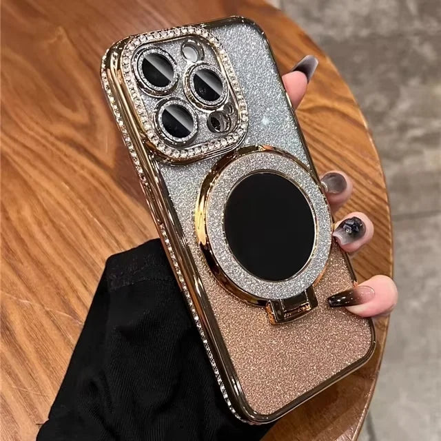Luxury Jewelled Case For iPhone 16 11 12 13 14 15 Pro Max Glitter Mirror Bracket Bumper Cover