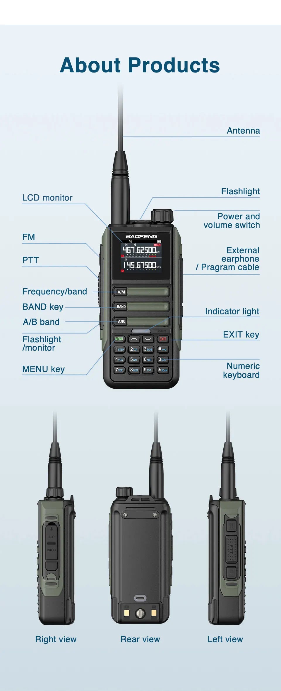 Upgrade Baofeng UV16M V2 Walkie Talkie AM FM Two Way Radio Full Band LCD 999CH Frequency Copy VHF UHF NOAA Noise Reduce Type-C