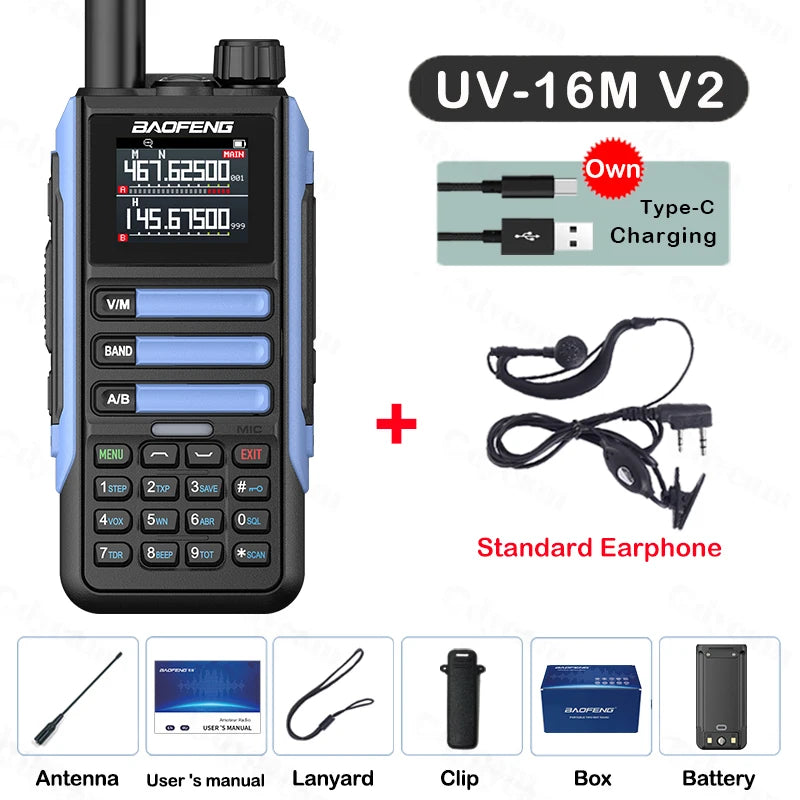 Upgrade Baofeng UV16M V2 Walkie Talkie AM FM Two Way Radio Full Band LCD 999CH Frequency Copy VHF UHF NOAA Noise Reduce Type-C