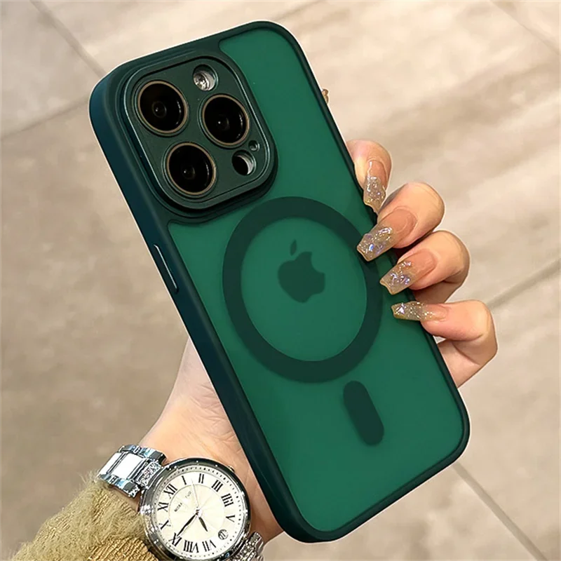 Matte Armor Magnetic For Magsafe Metal Lens Cap Case For iPhone 15 14 13 12 16 Pro Plus Max Wireless Charging Translucent Cover