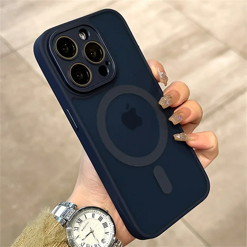Matte Armor Magnetic For Magsafe Metal Lens Cap Case For iPhone 15 14 13 12 16 Pro Plus Max Wireless Charging Translucent Cover