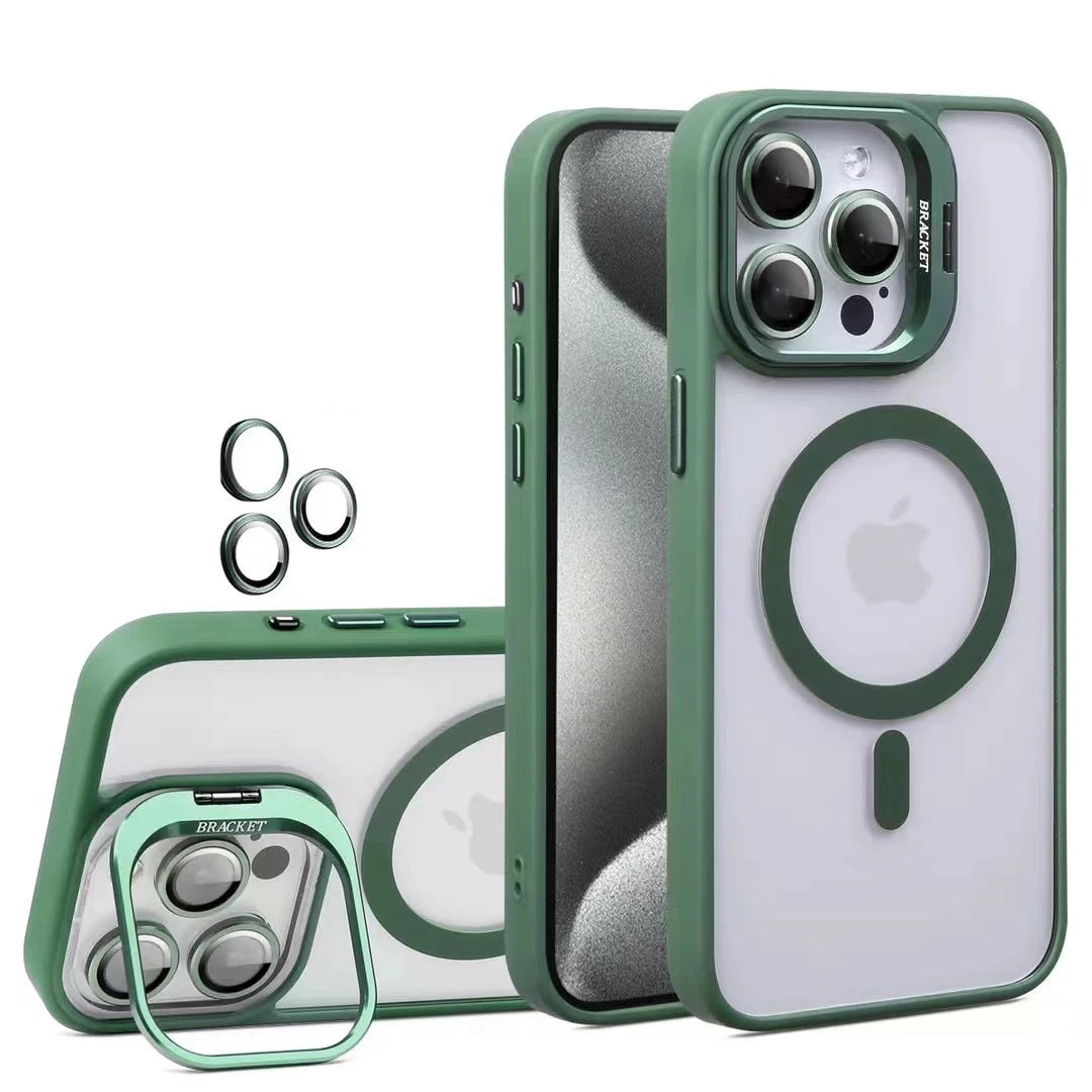 Fashion For Magsafe Stand Glass Lens Protector Case For iPhone 16 15 14 13 11 12 Pro Max 16 Plus Magnetic Shockproof Back Cover