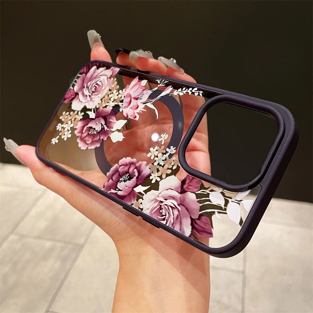 Luxury Retro Flowers Floral Magnetic For Magsafe Wireless Charging Case For iPhone 16 15 11 12 13 14 Pro Max Shockproof Cover