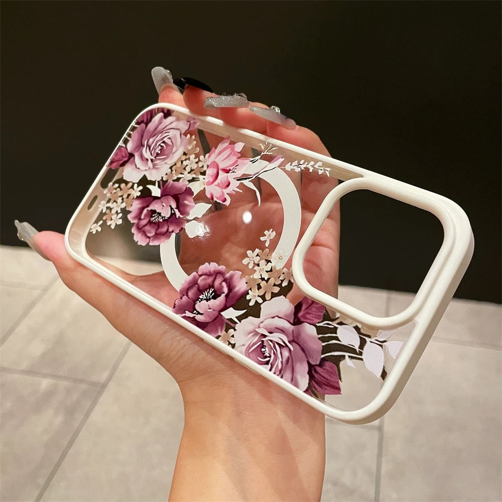 Luxury Retro Flowers Floral Magnetic For Magsafe Wireless Charging Case For iPhone 16 15 11 12 13 14 Pro Max Shockproof Cover
