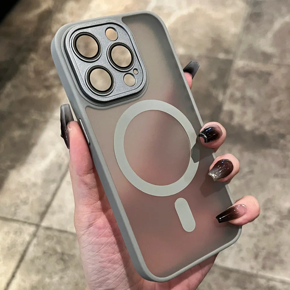 Matte Armor Magnetic For Magsafe Metal Lens Cap Case For iPhone 15 14 13 12 16 Pro Plus Max Wireless Charging Translucent Cover