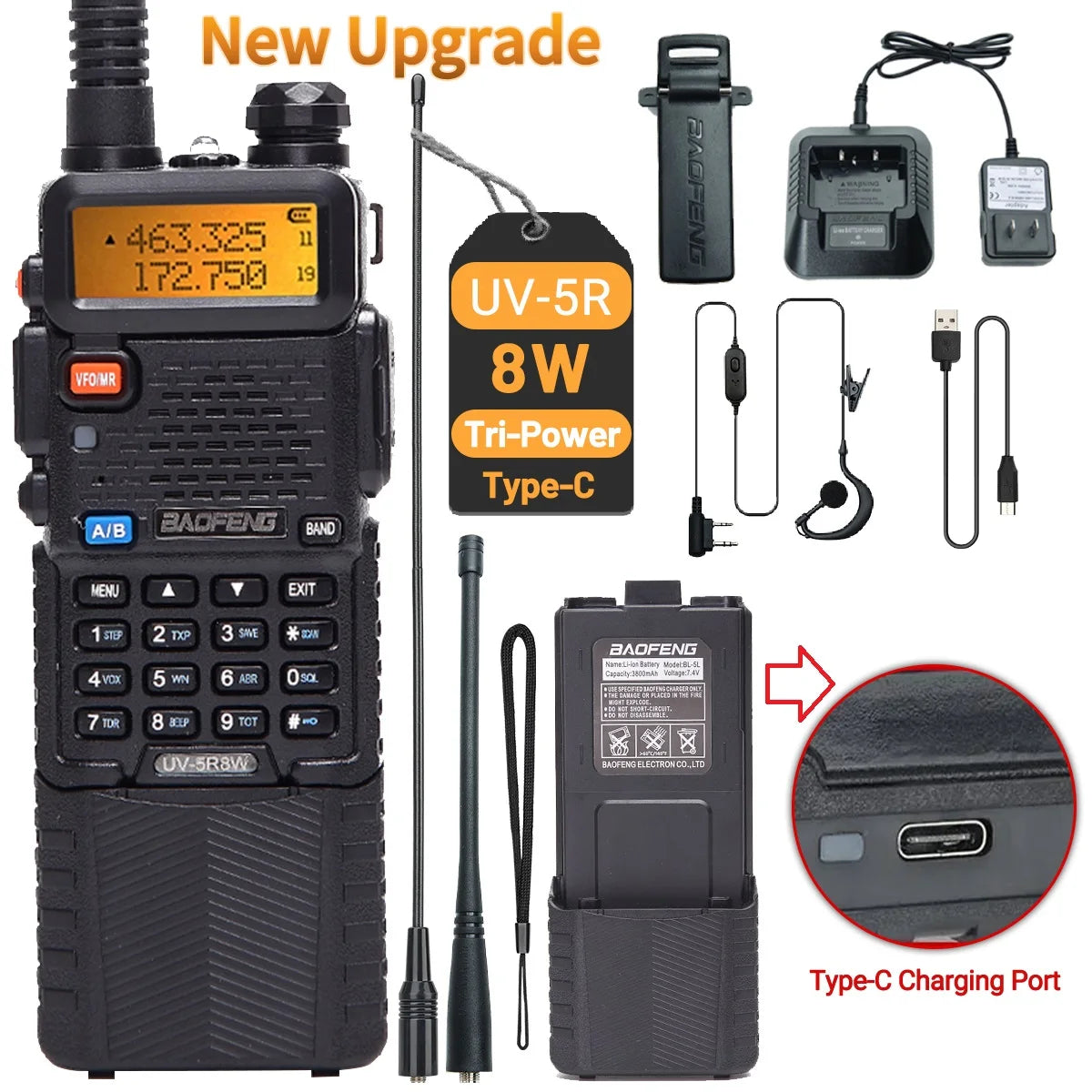 Baofeng UV-5R 8W 3800 Walkie Talkie Tri-Power Dual Band VHF UHF Portable Long Range High Power Handheld CB Ham Two Way Radio
