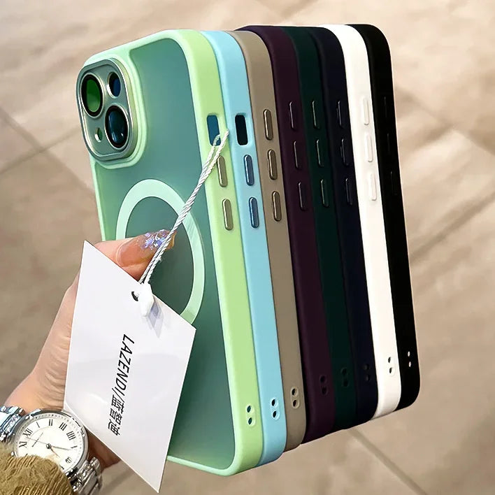 Matte Armor Magnetic For Magsafe Metal Lens Cap Case For iPhone 15 14 13 12 16 Pro Plus Max Wireless Charging Translucent Cover