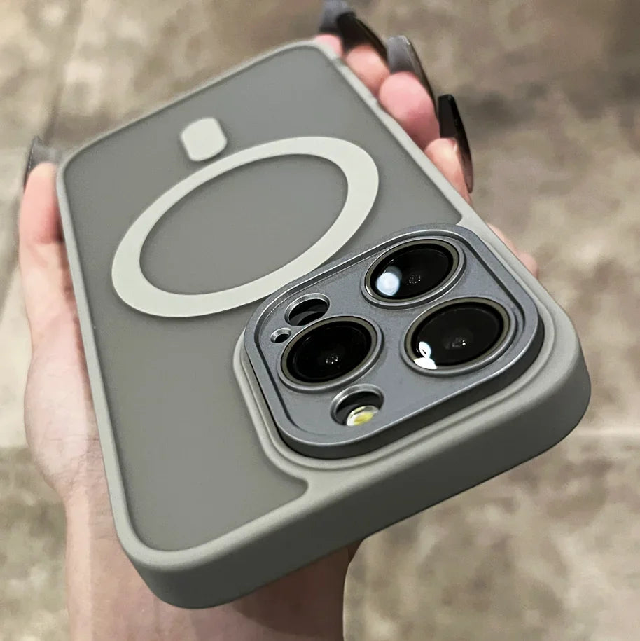 Matte Armor Magnetic For Magsafe Metal Lens Cap Case For iPhone 15 14 13 12 16 Pro Plus Max Wireless Charging Translucent Cover