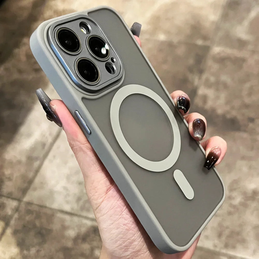 Matte Armor Magnetic For Magsafe Metal Lens Cap Case For iPhone 15 14 13 12 16 Pro Plus Max Wireless Charging Translucent Cover