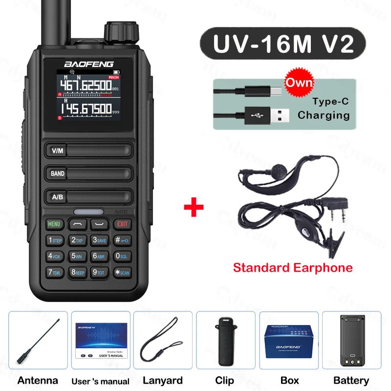 Upgrade Baofeng UV16M V2 Walkie Talkie AM FM Two Way Radio Full Band LCD 999CH Frequency Copy VHF UHF NOAA Noise Reduce Type-C