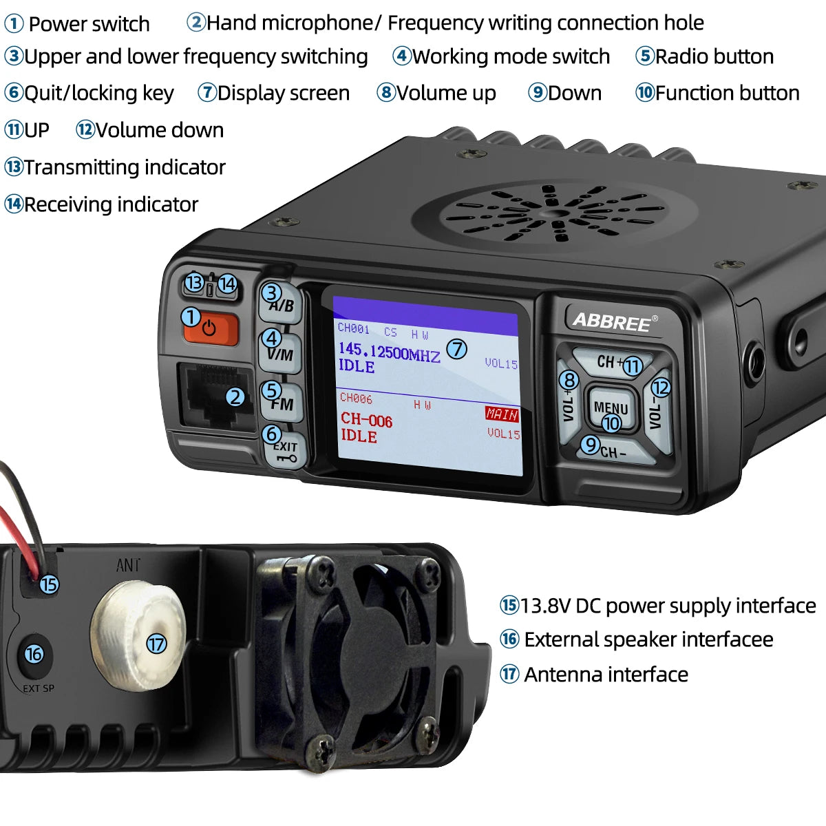ABBREE AR-318 Mini Mobile Radio 25W Dual Band UHF VHF Long Range Dual Mode Watch Voice Encryption Car Transceiver Walkie Talkie