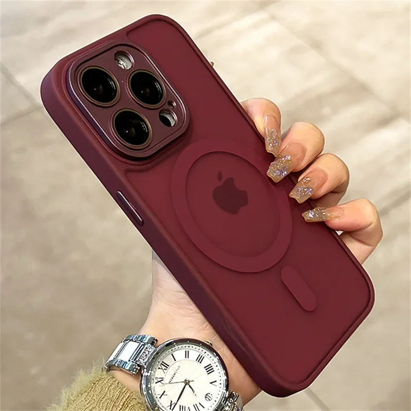 Matte Armor Magnetic For Magsafe Metal Lens Cap Case For iPhone 15 14 13 12 16 Pro Plus Max Wireless Charging Translucent Cover