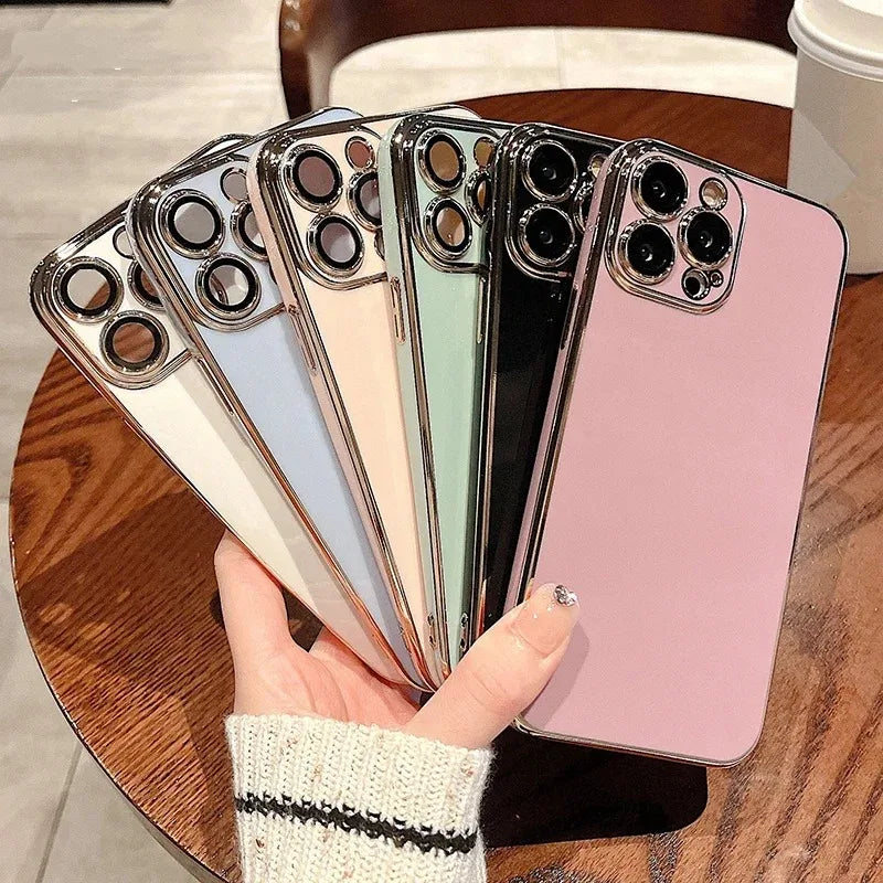 Luxury Solid Color Silicone Soft Case For iPhone 17 Air 16 15 Plus 14 12 13 Pro Max Plus Plating Glossy Shockproof Protect Cover