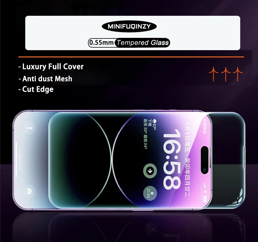 Cut Edge Anti Dust Mesh 0.5mm Privacy Tempered Glass For iPhone 17 15 16 Pro Max Screen Protector 17 Air Plus Luxury Full Cover