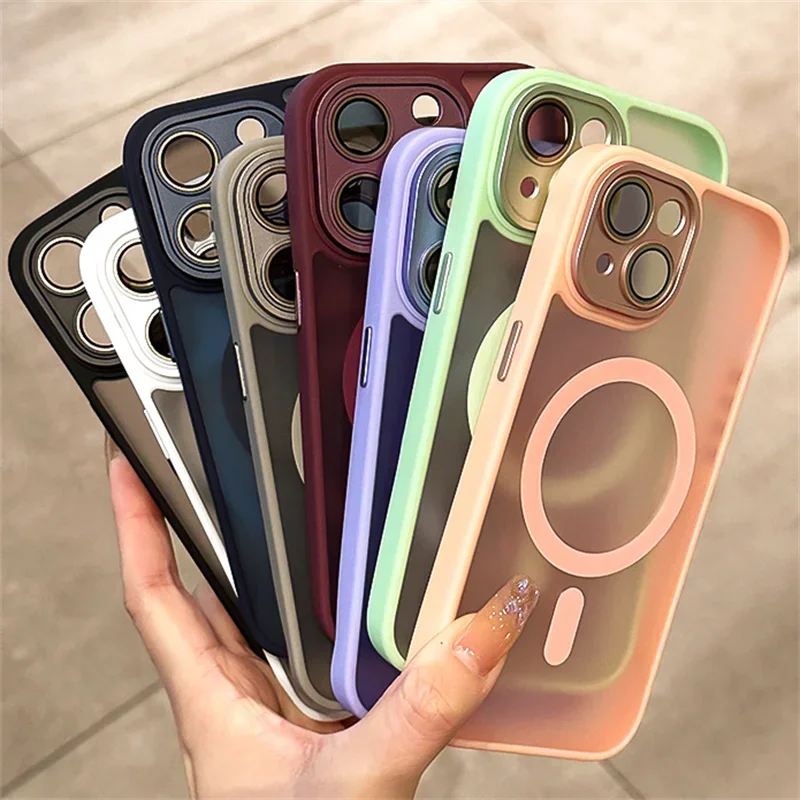 Matte Armor Magnetic For Magsafe Metal Lens Cap Case For iPhone 15 14 13 12 16 Pro Plus Max Wireless Charging Translucent Cover