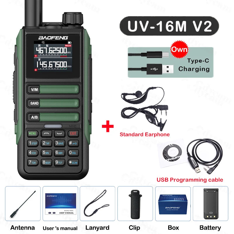 Upgrade Baofeng UV16M V2 Walkie Talkie AM FM Two Way Radio Full Band LCD 999CH Frequency Copy VHF UHF NOAA Noise Reduce Type-C