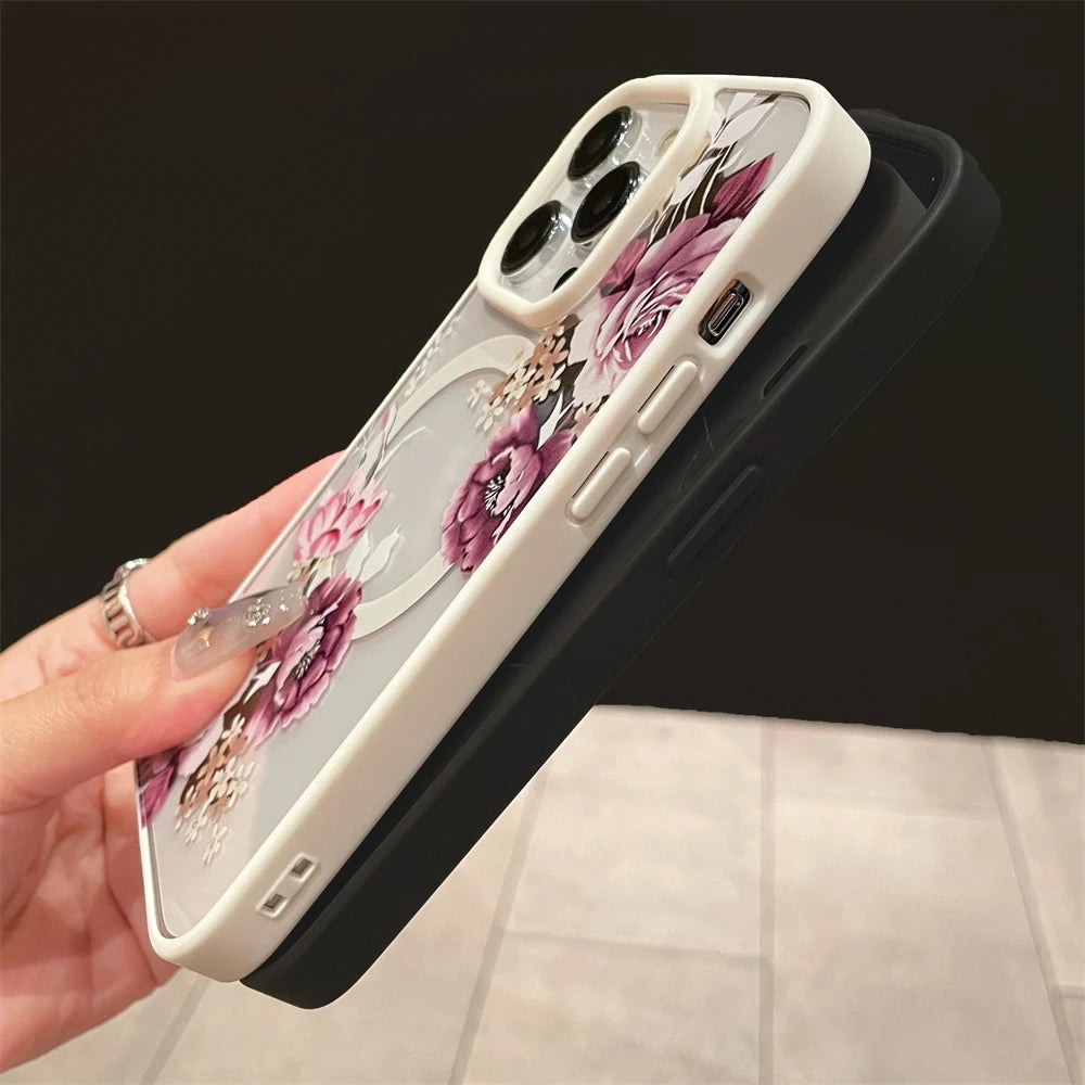 Luxury Retro Flowers Floral Magnetic For Magsafe Wireless Charging Case For iPhone 16 15 11 12 13 14 Pro Max Shockproof Cover