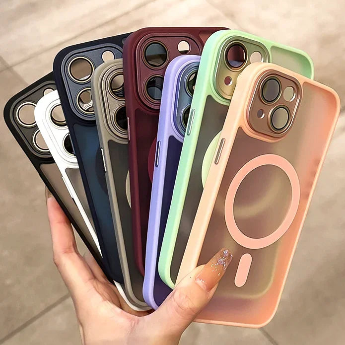 Matte Armor Magnetic For Magsafe Metal Lens Cap Case For iPhone 15 14 13 12 16 Pro Plus Max Wireless Charging Translucent Cover