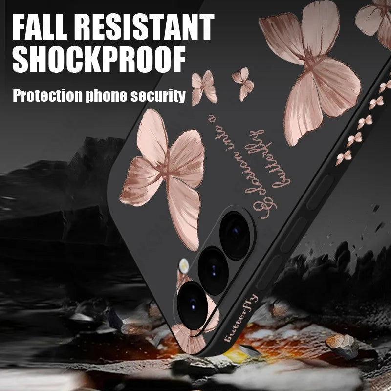 Butterfly Pattern Hand Lanyard Case For Samsung Galaxy S26 S25 S23 S24 Ultra S23 FE A57 A17 A55 A56 A36 A16 Soft Silicone Cover
