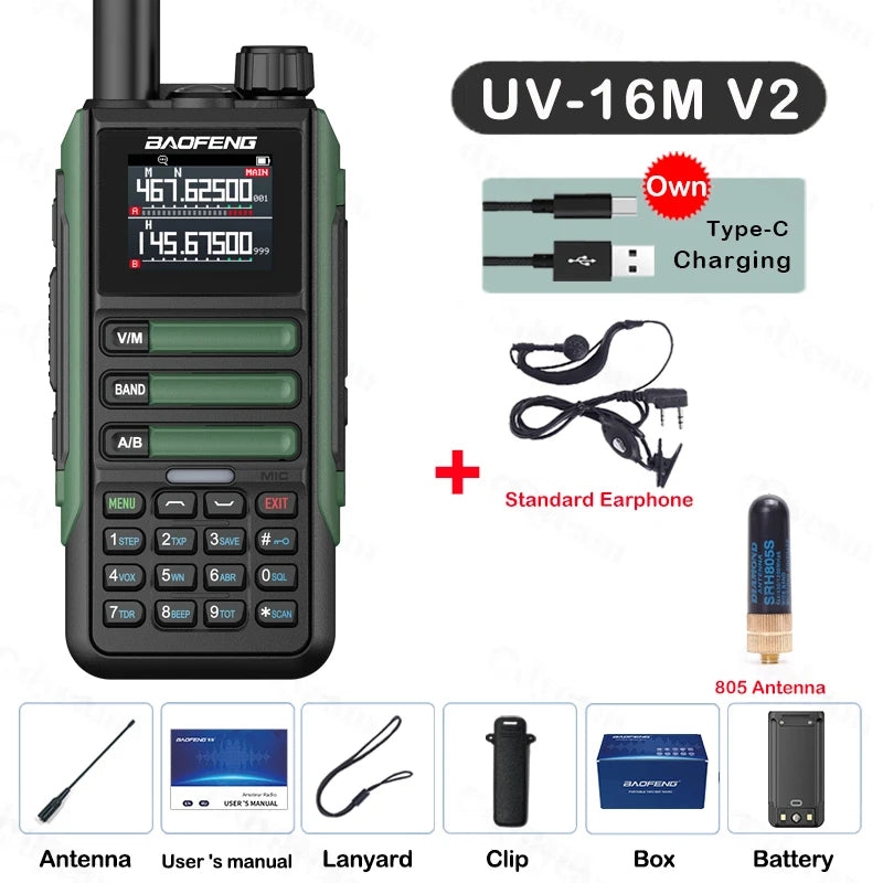 Upgrade Baofeng UV16M V2 Walkie Talkie AM FM Two Way Radio Full Band LCD 999CH Frequency Copy VHF UHF NOAA Noise Reduce Type-C