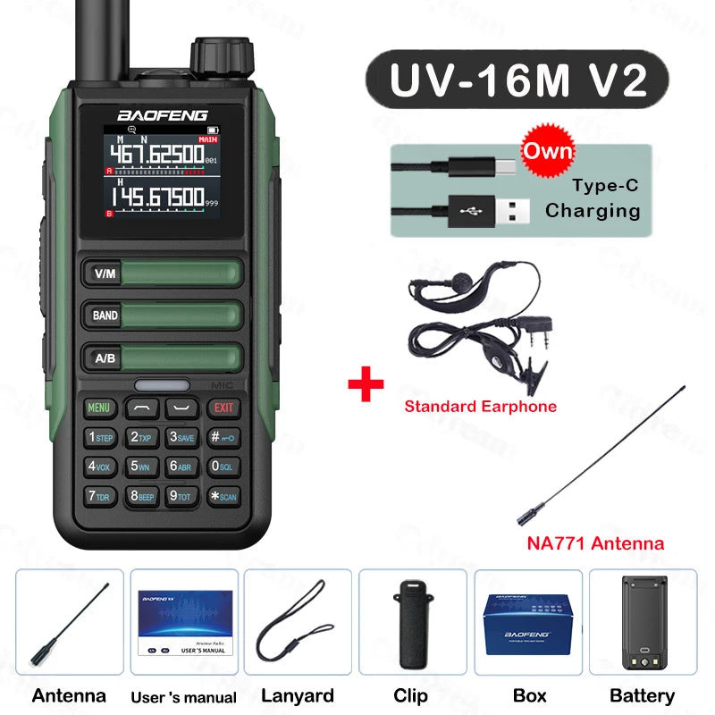 Upgrade Baofeng UV16M V2 Walkie Talkie AM FM Two Way Radio Full Band LCD 999CH Frequency Copy VHF UHF NOAA Noise Reduce Type-C