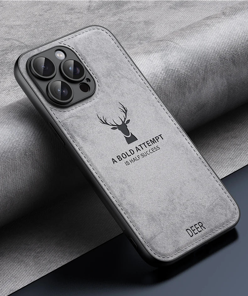 Luxury Cloth Leather Deer Head Pattern Case for iphone 15 14 13 12 11 Pro X XR XS Max 16 Plus Shockproof Soft Back Shell Cover