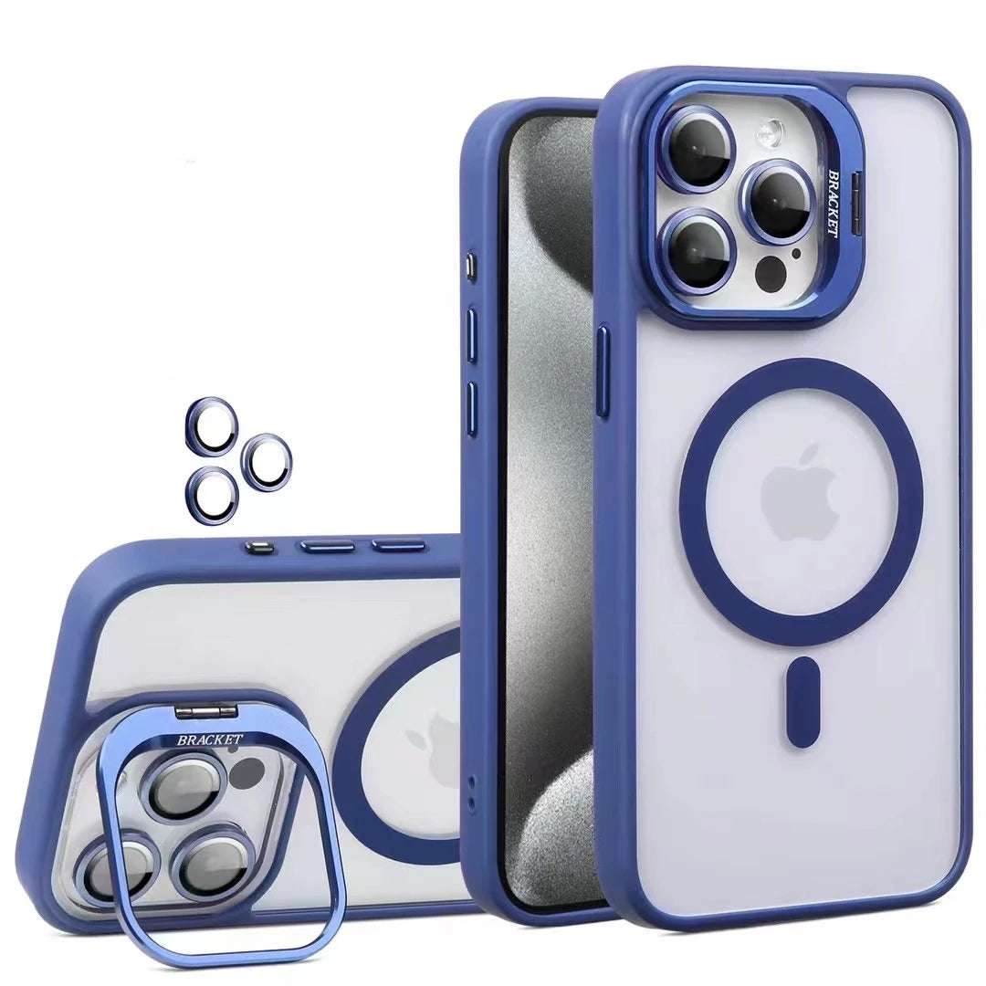 Fashion For Magsafe Stand Glass Lens Protector Case For iPhone 16 15 14 13 11 12 Pro Max 16 Plus Magnetic Shockproof Back Cover
