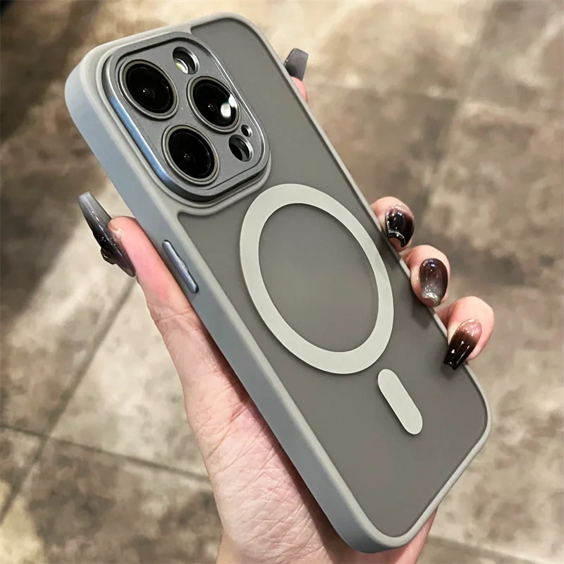 Matte Armor Magnetic For Magsafe Metal Lens Cap Case For iPhone 15 14 13 12 16 Pro Plus Max Wireless Charging Translucent Cover