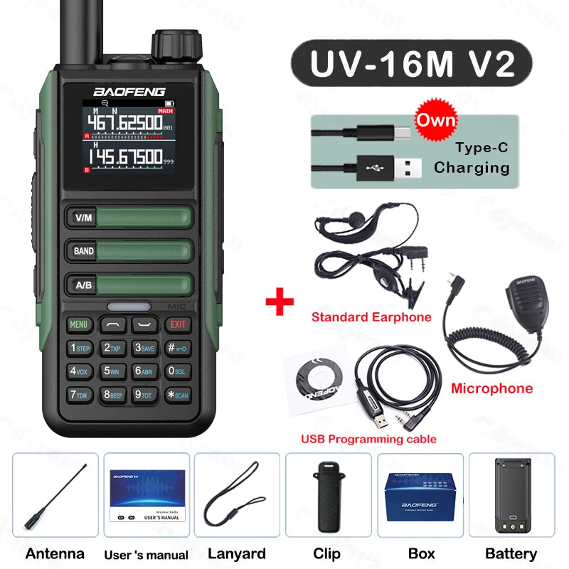 Upgrade Baofeng UV16M V2 Walkie Talkie AM FM Two Way Radio Full Band LCD 999CH Frequency Copy VHF UHF NOAA Noise Reduce Type-C