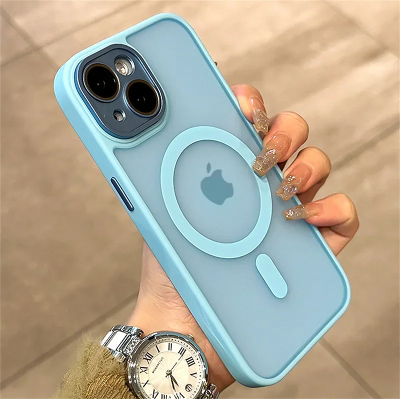 Matte Armor Magnetic For Magsafe Metal Lens Cap Case For iPhone 15 14 13 12 16 Pro Plus Max Wireless Charging Translucent Cover
