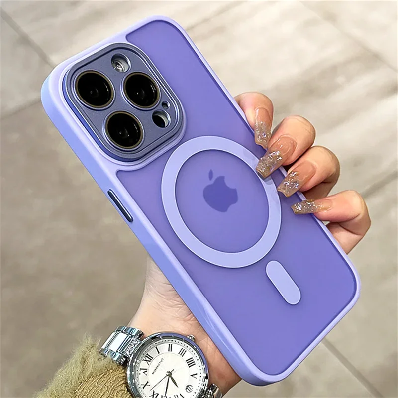 Matte Armor Magnetic For Magsafe Metal Lens Cap Case For iPhone 15 14 13 12 16 Pro Plus Max Wireless Charging Translucent Cover