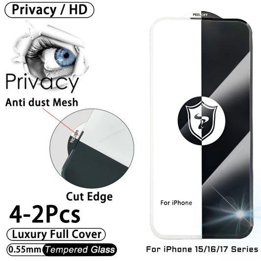Cut Edge Anti Dust Mesh 0.5mm Privacy Tempered Glass For iPhone 17 15 16 Pro Max Screen Protector 17 Air Plus Luxury Full Cover