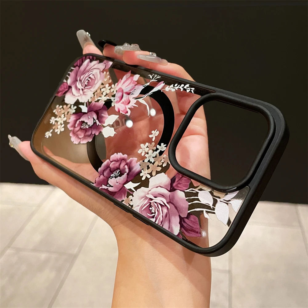 Luxury Retro Flowers Floral Magnetic For Magsafe Wireless Charging Case For iPhone 16 15 11 12 13 14 Pro Max Shockproof Cover