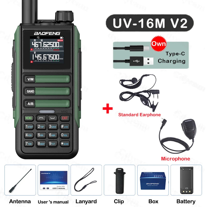 Upgrade Baofeng UV16M V2 Walkie Talkie AM FM Two Way Radio Full Band LCD 999CH Frequency Copy VHF UHF NOAA Noise Reduce Type-C