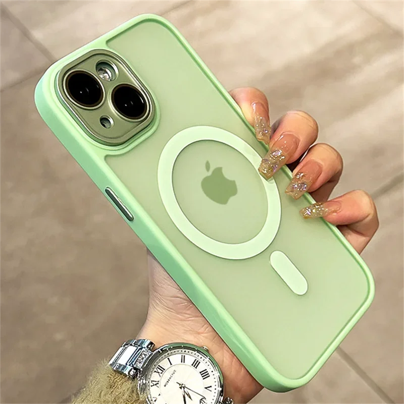 Matte Armor Magnetic For Magsafe Metal Lens Cap Case For iPhone 15 14 13 12 16 Pro Plus Max Wireless Charging Translucent Cover