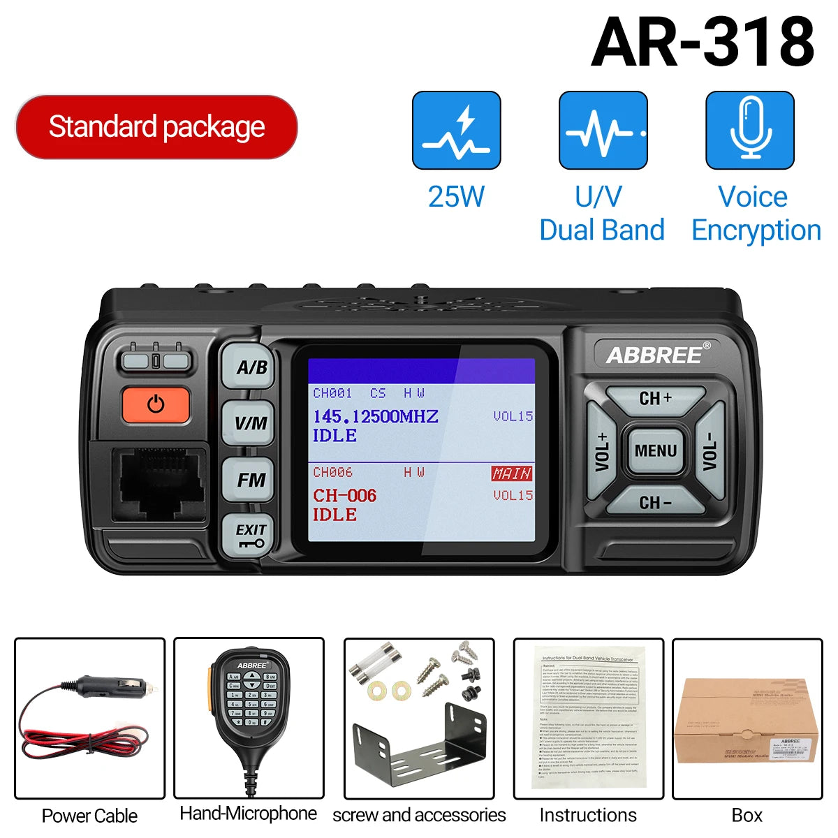 ABBREE AR-318 Mini Mobile Radio 25W Dual Band UHF VHF Long Range Dual Mode Watch Voice Encryption Car Transceiver Walkie Talkie
