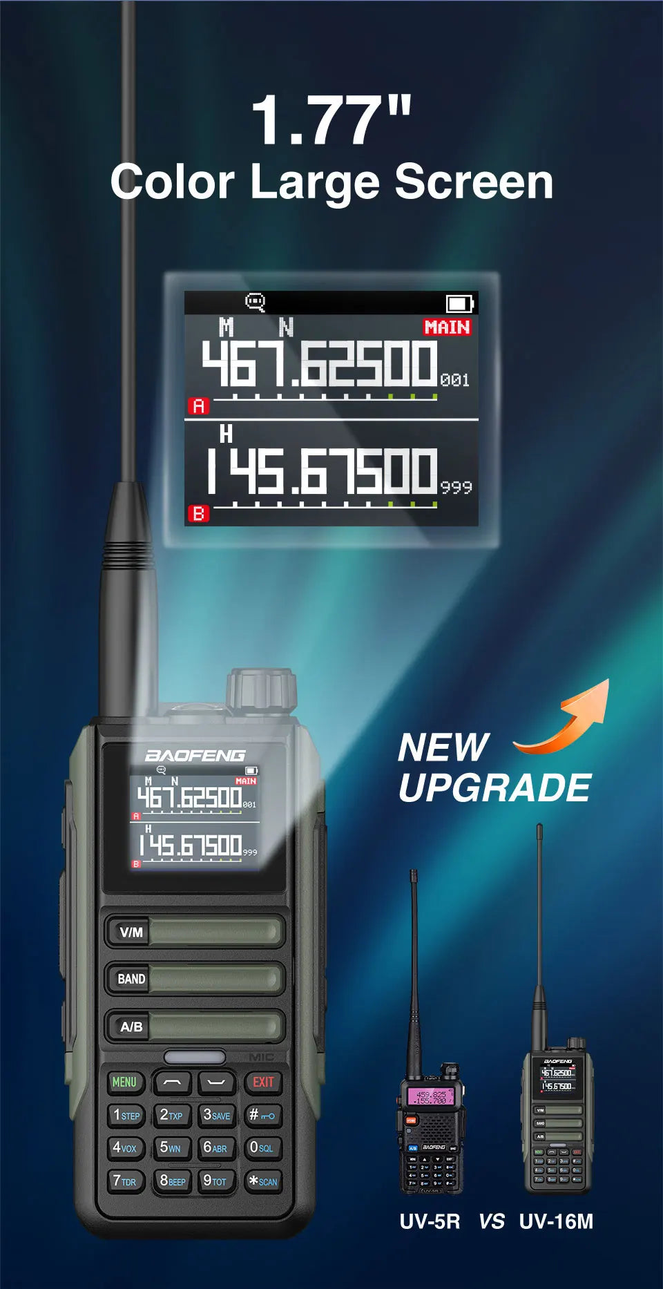 Upgrade Baofeng UV16M V2 Walkie Talkie AM FM Two Way Radio Full Band LCD 999CH Frequency Copy VHF UHF NOAA Noise Reduce Type-C