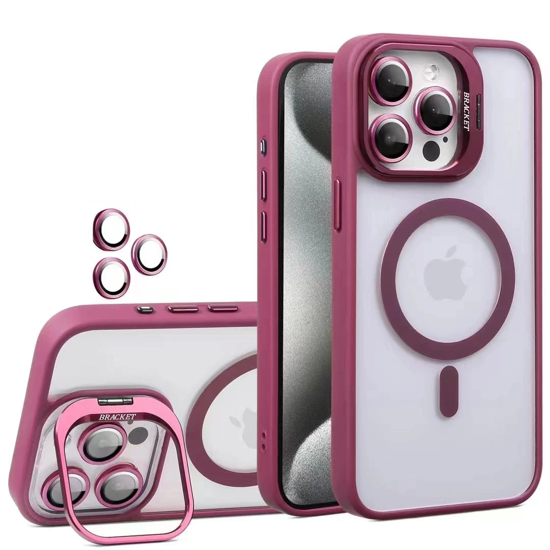 Fashion For Magsafe Stand Glass Lens Protector Case For iPhone 16 15 14 13 11 12 Pro Max 16 Plus Magnetic Shockproof Back Cover