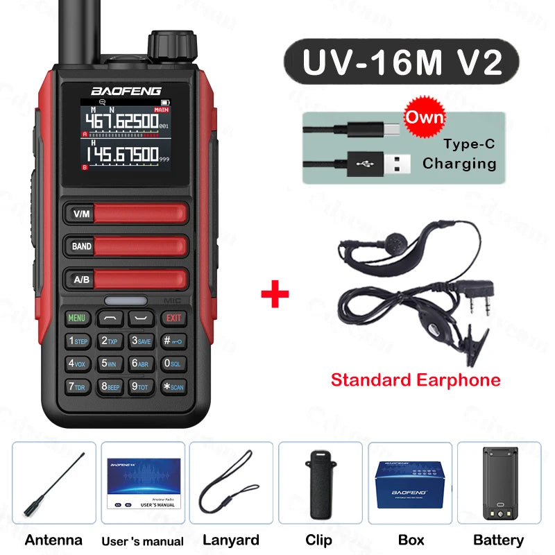 Upgrade Baofeng UV16M V2 Walkie Talkie AM FM Two Way Radio Full Band LCD 999CH Frequency Copy VHF UHF NOAA Noise Reduce Type-C