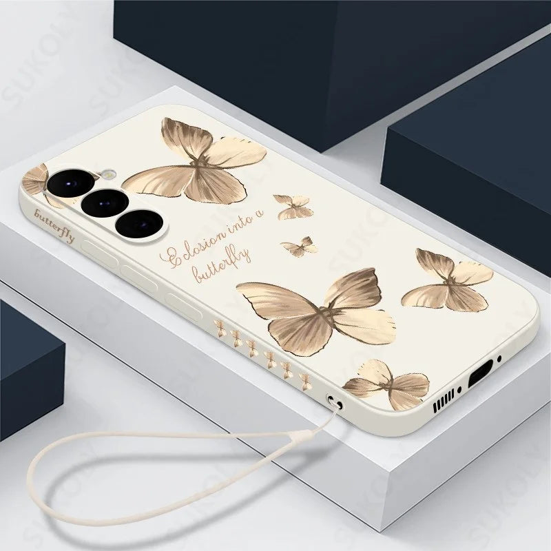 Butterfly Pattern Hand Lanyard Case For Samsung Galaxy S26 S25 S23 S24 Ultra S23 FE A57 A17 A55 A56 A36 A16 Soft Silicone Cover