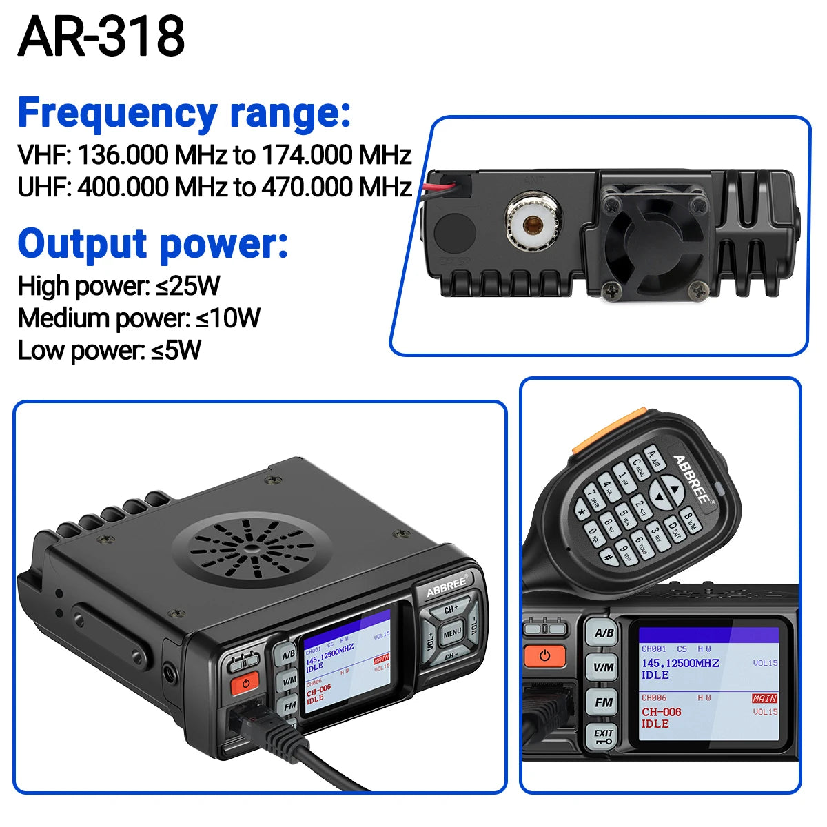 ABBREE AR-318 Mini Mobile Radio 25W Dual Band UHF VHF Long Range Dual Mode Watch Voice Encryption Car Transceiver Walkie Talkie