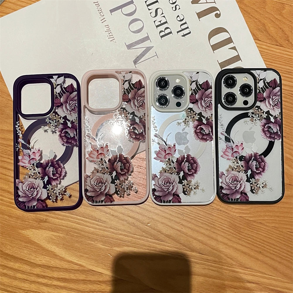 Luxury Retro Flowers Floral Magnetic For Magsafe Wireless Charging Case For iPhone 16 15 11 12 13 14 Pro Max Shockproof Cover