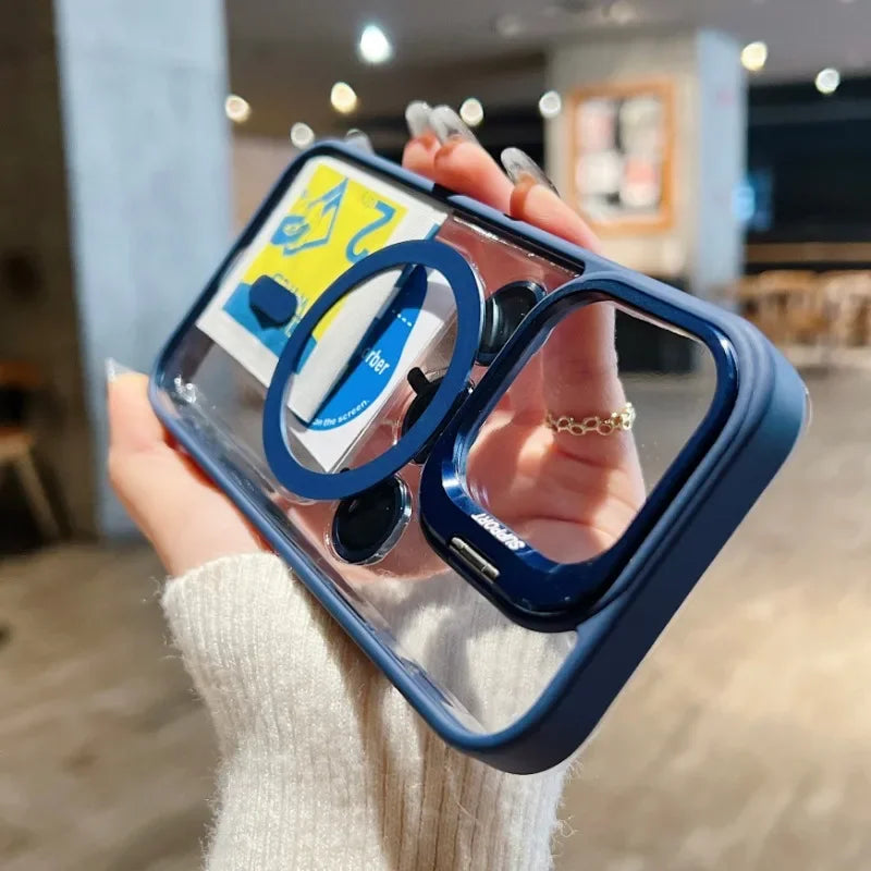 Fashion For Magsafe Stand Glass Lens Protector Case For iPhone 16 15 14 13 11 12 Pro Max 16 Plus Magnetic Shockproof Back Cover