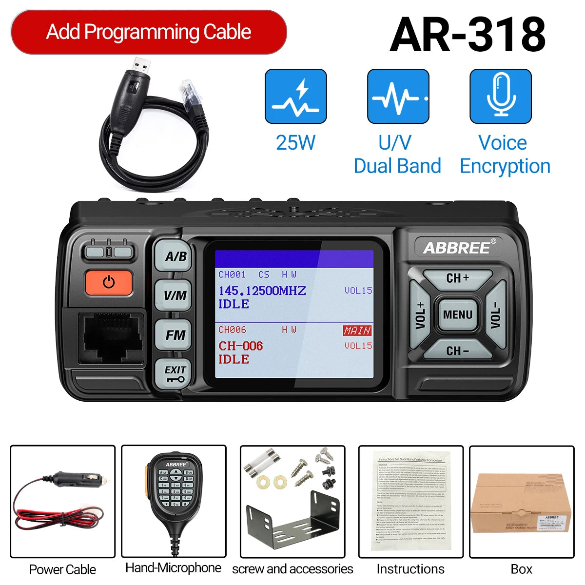 ABBREE AR-318 Mini Mobile Radio 25W Dual Band UHF VHF Long Range Dual Mode Watch Voice Encryption Car Transceiver Walkie Talkie