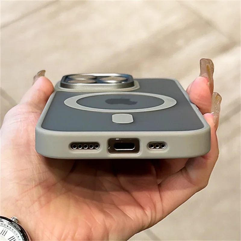 Matte Armor Magnetic For Magsafe Metal Lens Cap Case For iPhone 15 14 13 12 16 Pro Plus Max Wireless Charging Translucent Cover