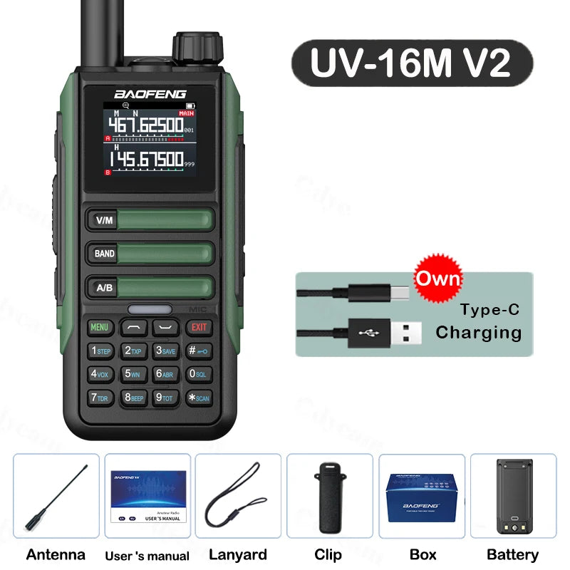 Upgrade Baofeng UV16M V2 Walkie Talkie AM FM Two Way Radio Full Band LCD 999CH Frequency Copy VHF UHF NOAA Noise Reduce Type-C