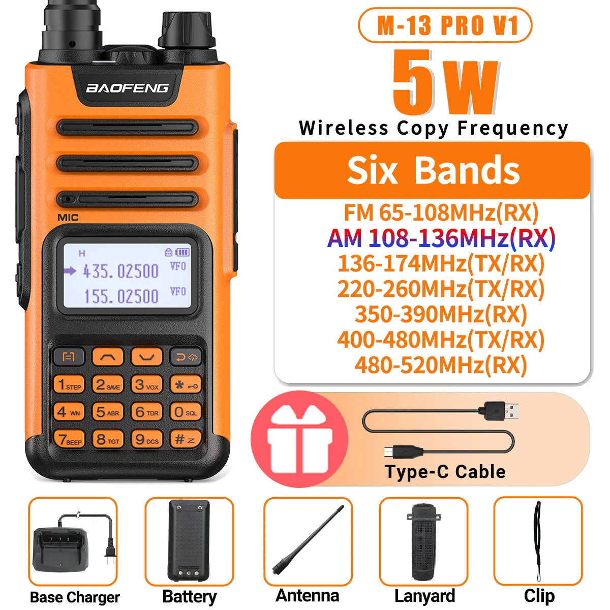 BaoFeng M-13 PRO V1 V2 High Power Multi Band Walkie Talkie Type C Charger Long Range Upgraded UV-13 PRO V1 V2 Ham Two Way Radio