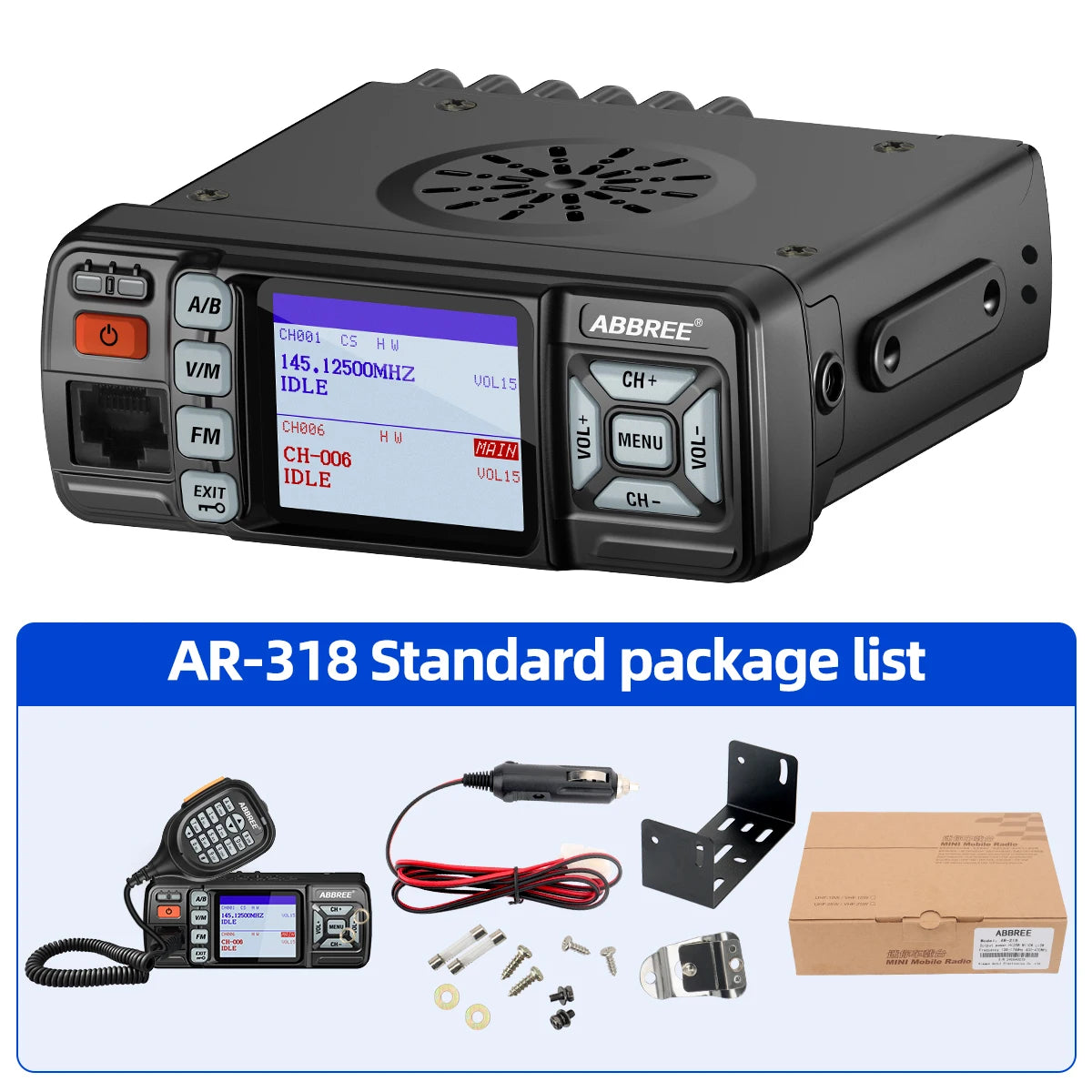 ABBREE AR-318 Mini Mobile Radio 25W Dual Band UHF VHF Long Range Dual Mode Watch Voice Encryption Car Transceiver Walkie Talkie