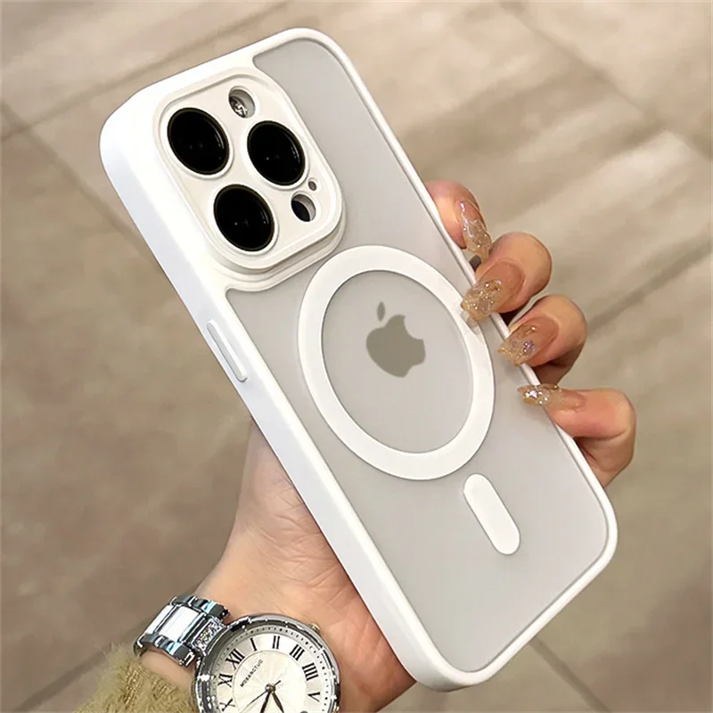 Matte Armor Magnetic For Magsafe Metal Lens Cap Case For iPhone 15 14 13 12 16 Pro Plus Max Wireless Charging Translucent Cover