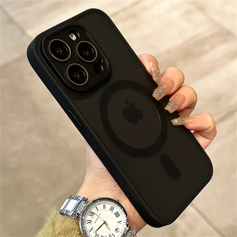 Matte Armor Magnetic For Magsafe Metal Lens Cap Case For iPhone 15 14 13 12 16 Pro Plus Max Wireless Charging Translucent Cover